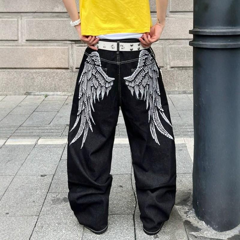 Vintage Washed Wide Leg Straight Jeans Men - High Waist Loose Fit Casual Denim Pants With Embroidered Angel Wing Print