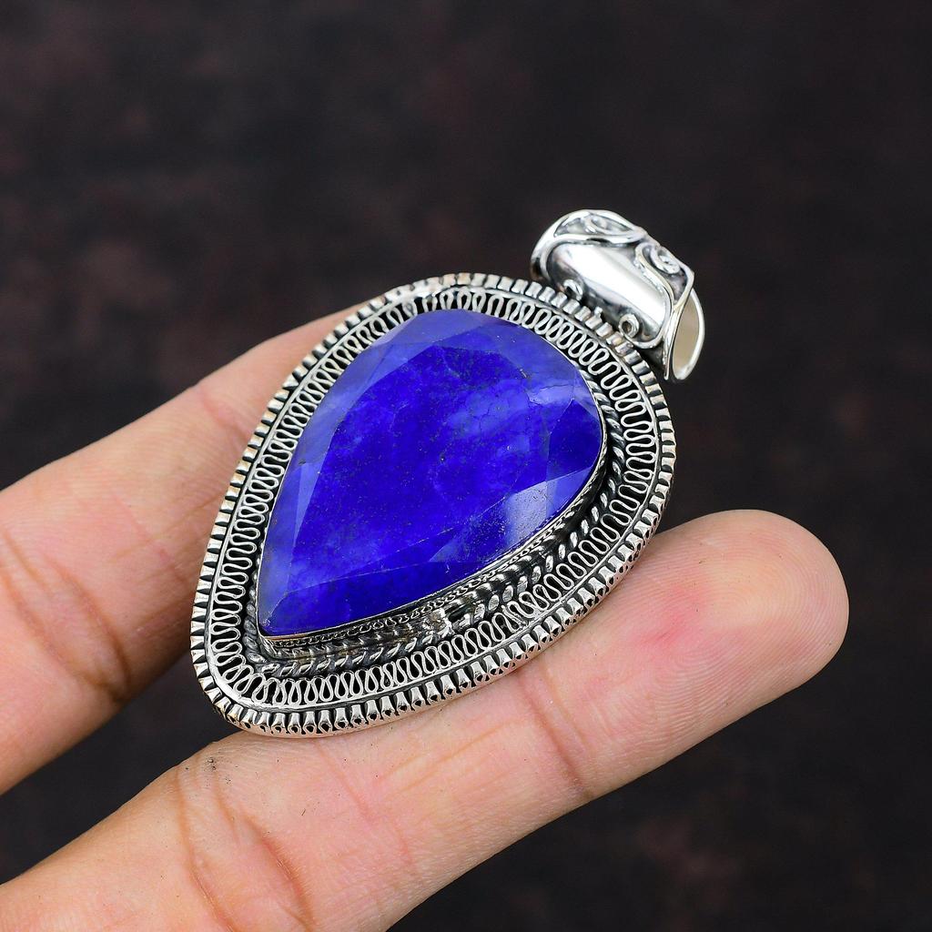 Faceted Blue Sapphire Pendant Handmade Gemstone Pendant 925 Sterling Silver Pendant Blue Sapphire Jewelry Vintage Pendant Anniversary Gifts