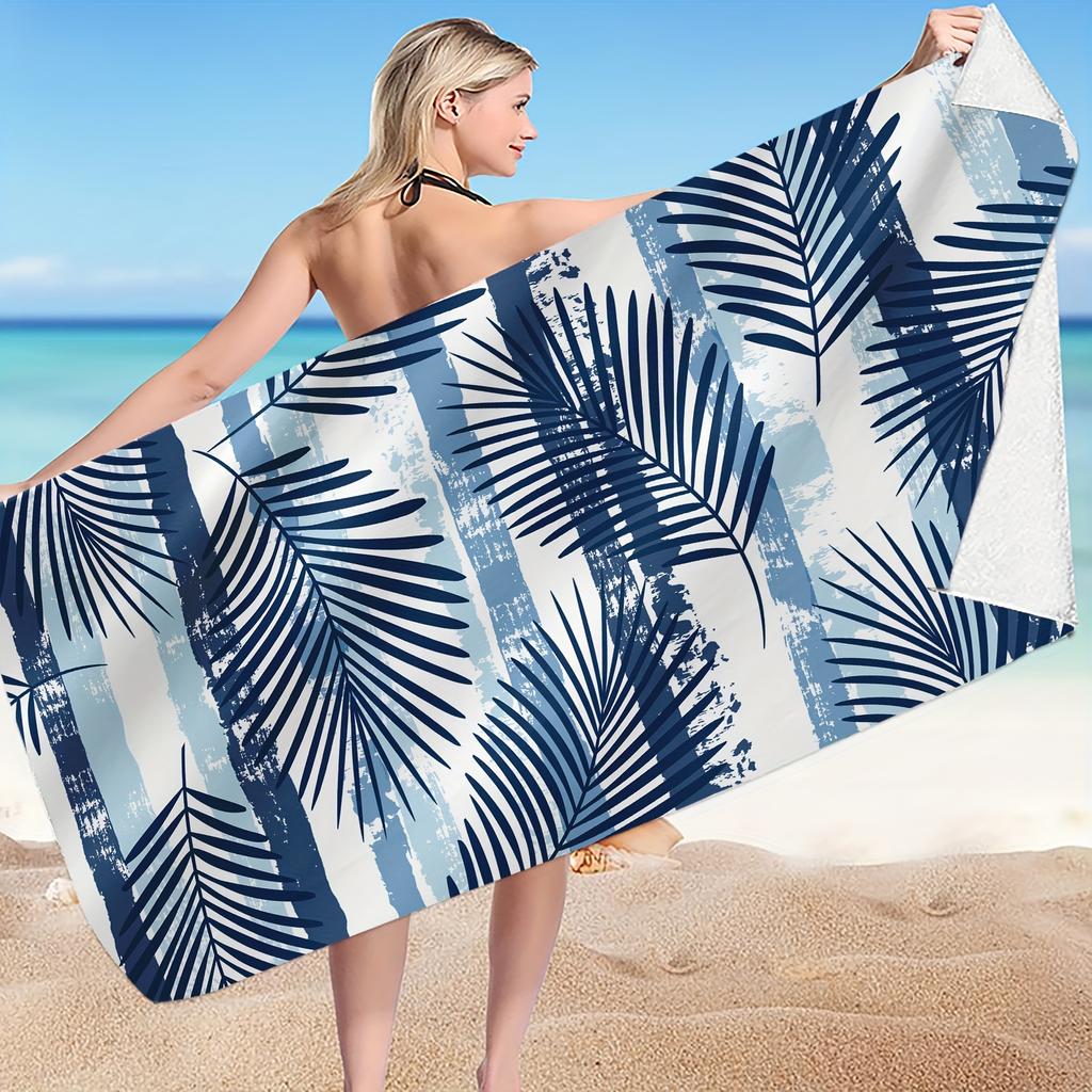 Blue White Leaf Pattern Microfiber Beach Towel, Ultra-Absorbent Quick-Dry Sun-Protective for Beach