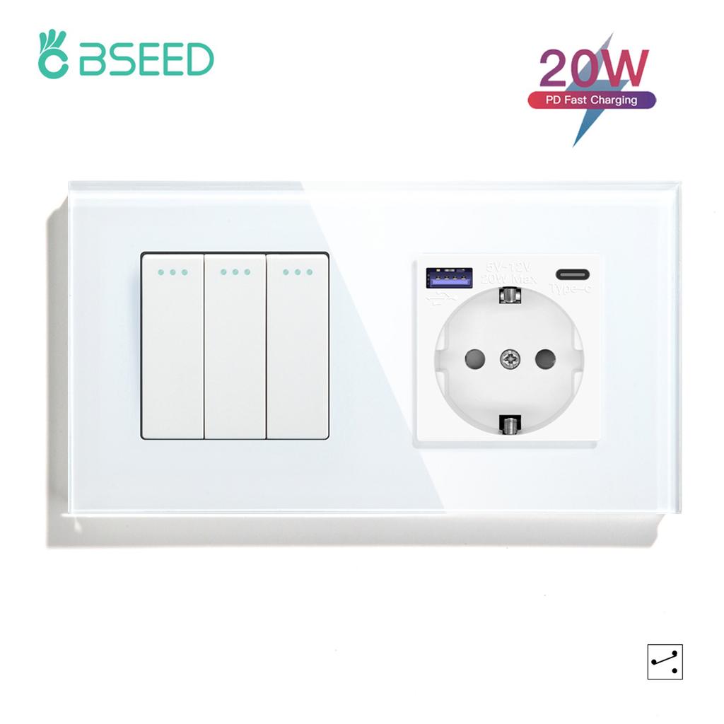 BSEED 1/2/3-fach Wandschalter 2-Wege Treppenlichtschalter Plus Typ-C USB-Steckdose EU-Standard Glaspanel