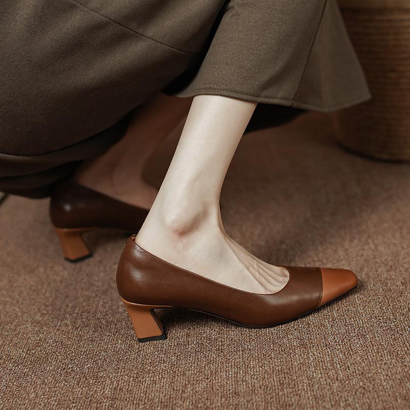 Mixed Color Office Lady Shoes Woman Pumps 2024 New Spring Summer Genuine Leather Square Toe Mature Concise Working Shoes Basic