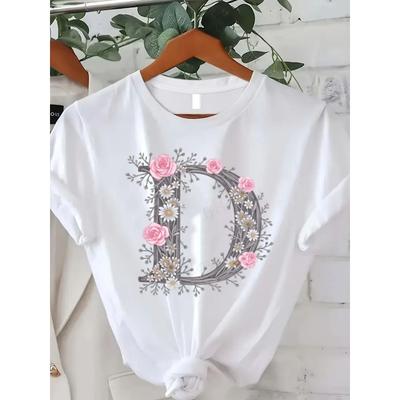 European Size Oversized T-Shirt with Pink Rose & 'D' Letter Print | White Casual Short Sleeve Round Neck Blouse