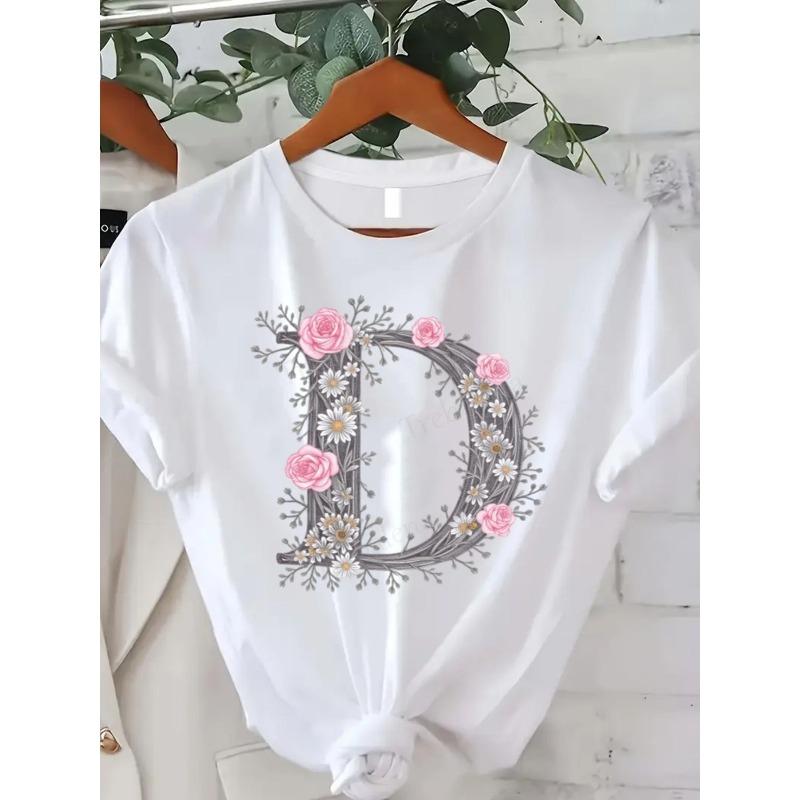 Europäische Größe Oversized T-Shirt mit rosa Rose & 'D' Buchstaben Druck | Weiße Lässige Kurzarm Rundhals Bluse
