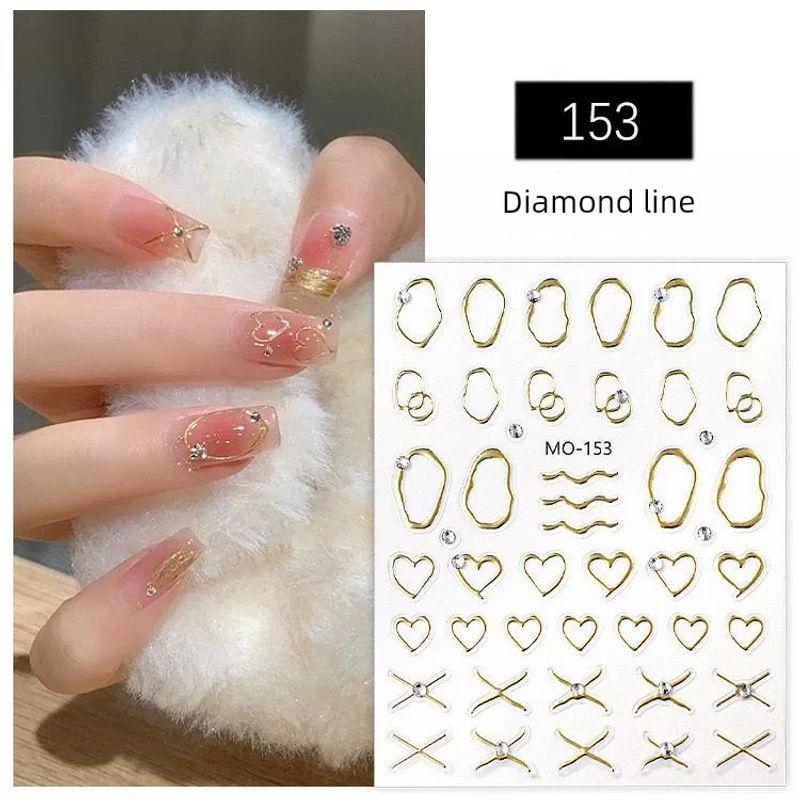 

New Arrival Bright Crystal Line Nail Sticker Hand Painted Magic Mirror Pink Gold Silver with Diamond Three-Dimensional Relief Gilding Nail Decals A gold diamond line