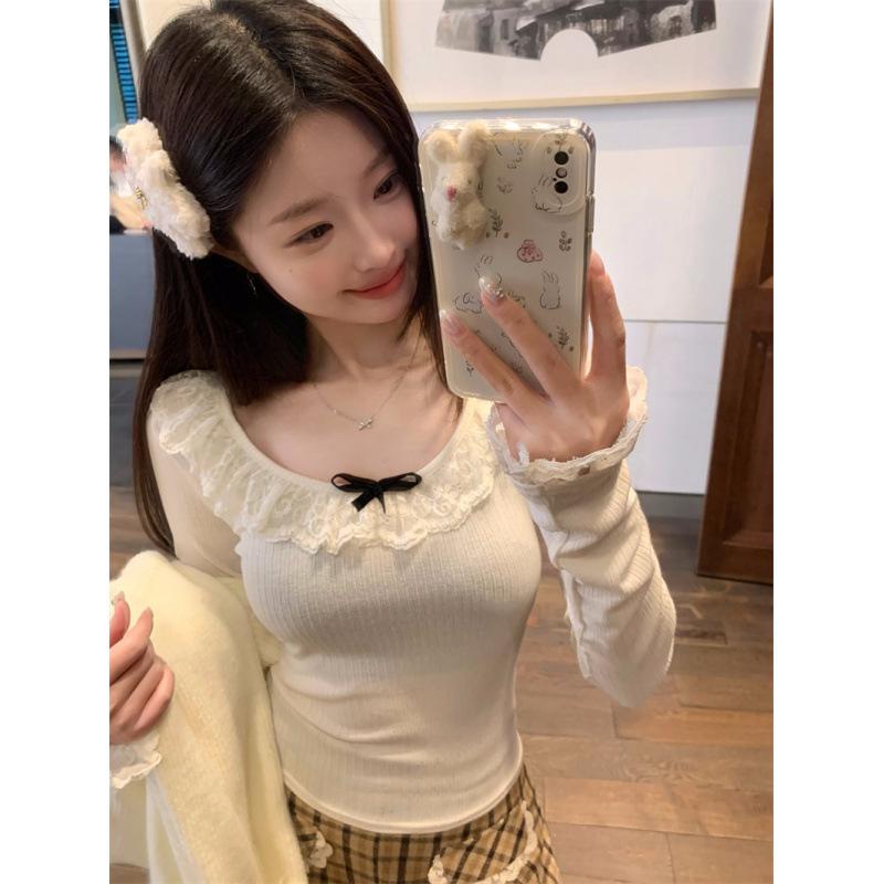 Pure desire wind sweet bow lace knitted sweater women s spring new slim fit with short top S абрикосовый
