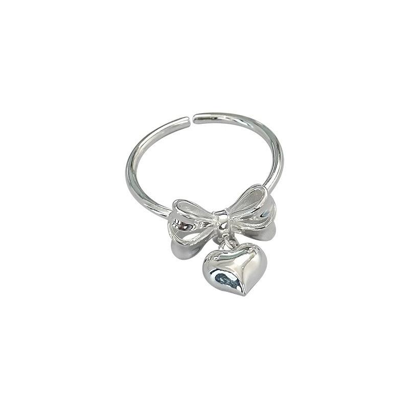 Chic Adjustable S925 Silver Heart Ring With Bow Design For Women Ideal For Everyday Wear
