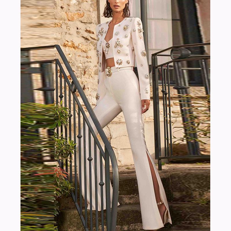In Stock: 2025 European & American Fashion Beaded Jacket & Slit Flared Pants Set