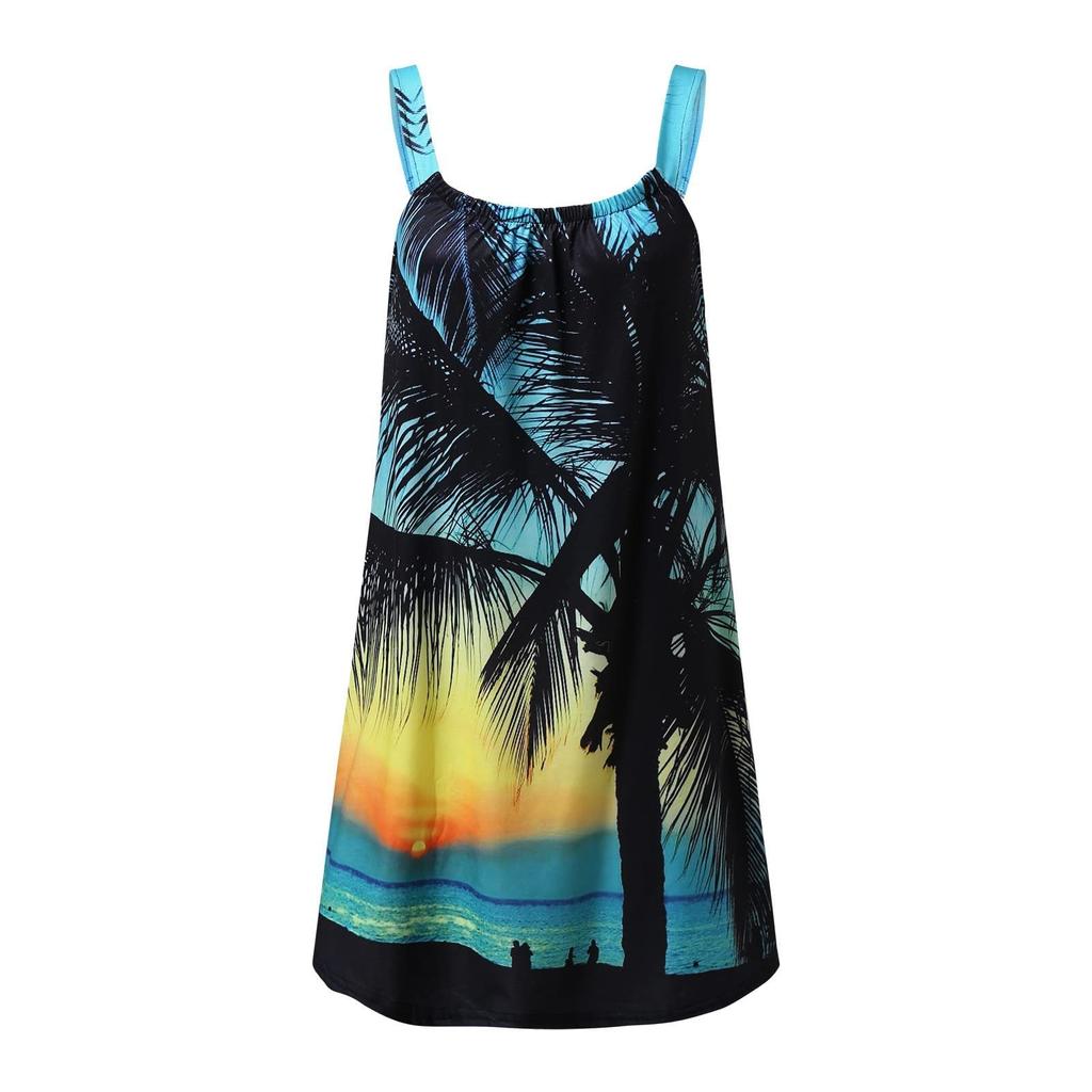 Ladies Boho Summer Dress Sexy Sleeveless  Print Hawaiian Casual Loose Comfortable  Sundress