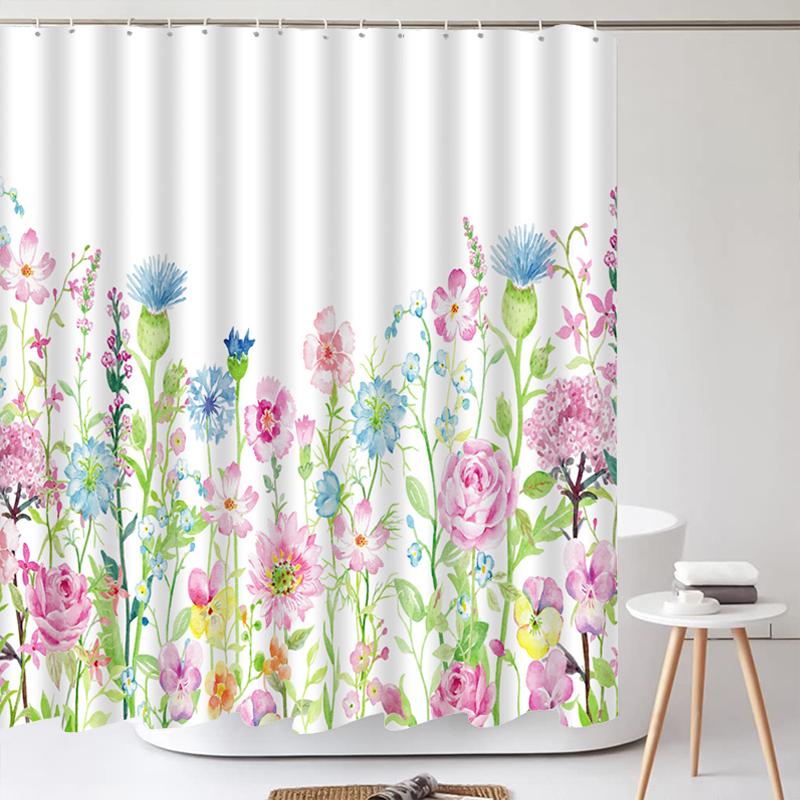 Green Leaves Plant Flower Butterfly Shower Curtain Watercolor Floral Waterproof Fabric Bath Curtains Bathroom Accessorie Decor
