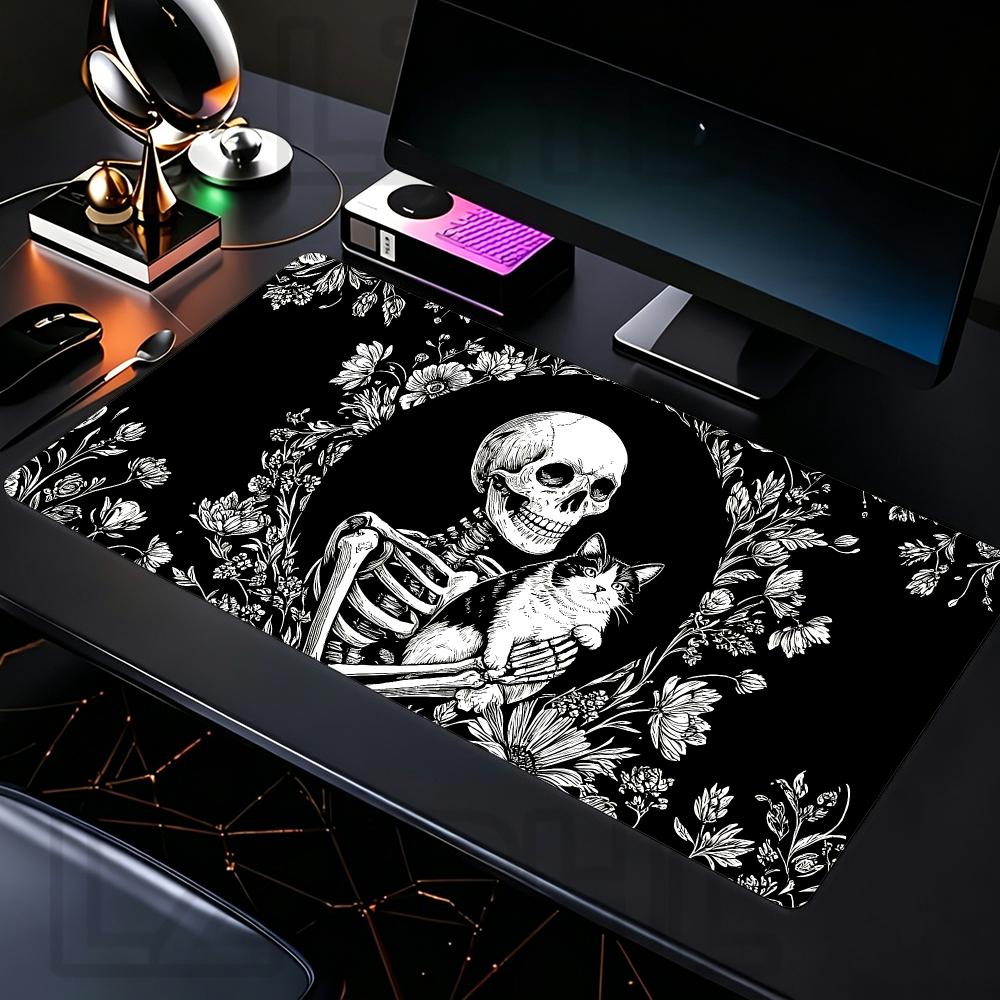 Skeleton Hold Cat Mouse Pad Black White Large Gaming Desk Mat Non-Slip Rubber Keyboard Pads XXL Office Game Accessories TableMat