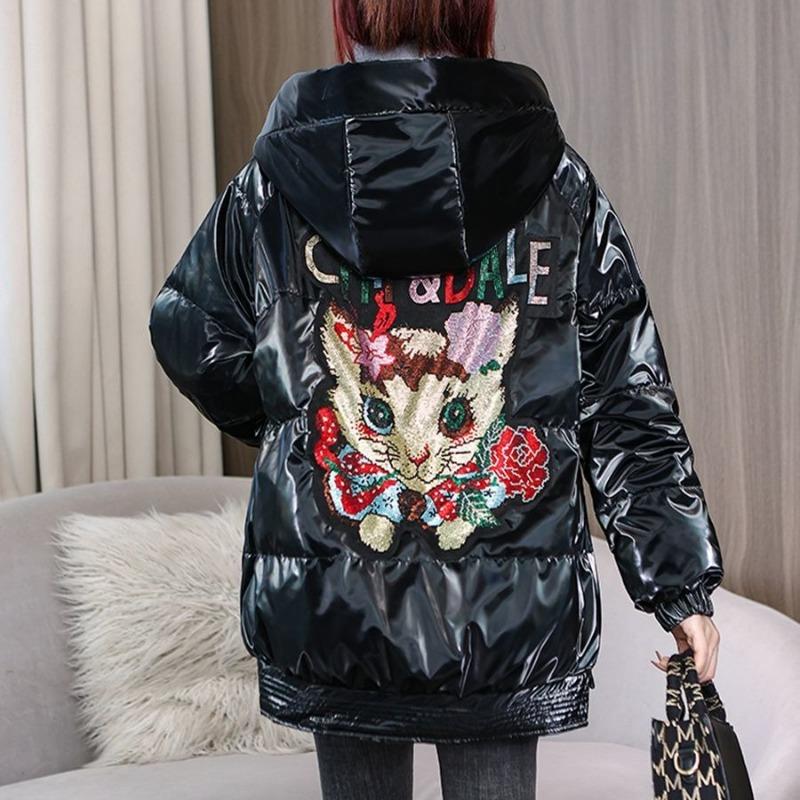 Women's Thickened Loose Cotton Jacket Long Sleeve Rhinestone Korean Fashion Coat