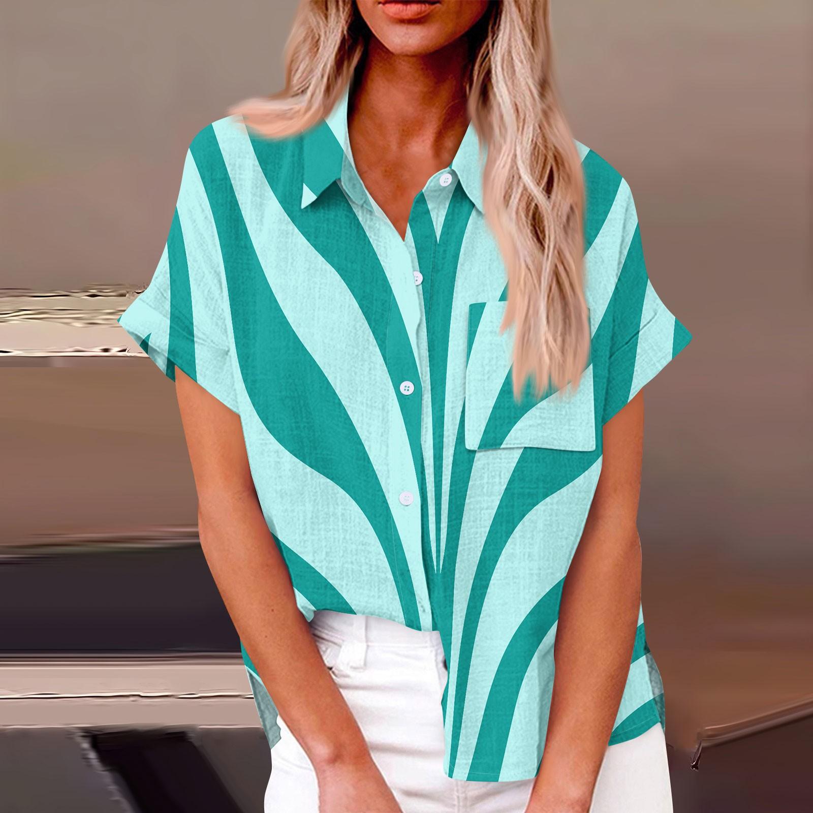 

Женская модная свободная повседневная рубашка с коротким рукавом и отворотом на пуговицах, футболка с принтом, топ XL небесно-голубой