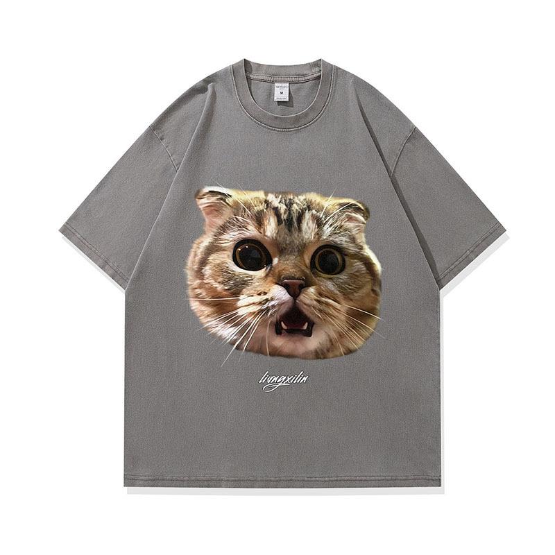 Summer T-Shirt Trendy Cat Printing Washing Water Pure Cotton Loose Casual Couple Short-Sleeved T-Shirt Men And Women Trendy
