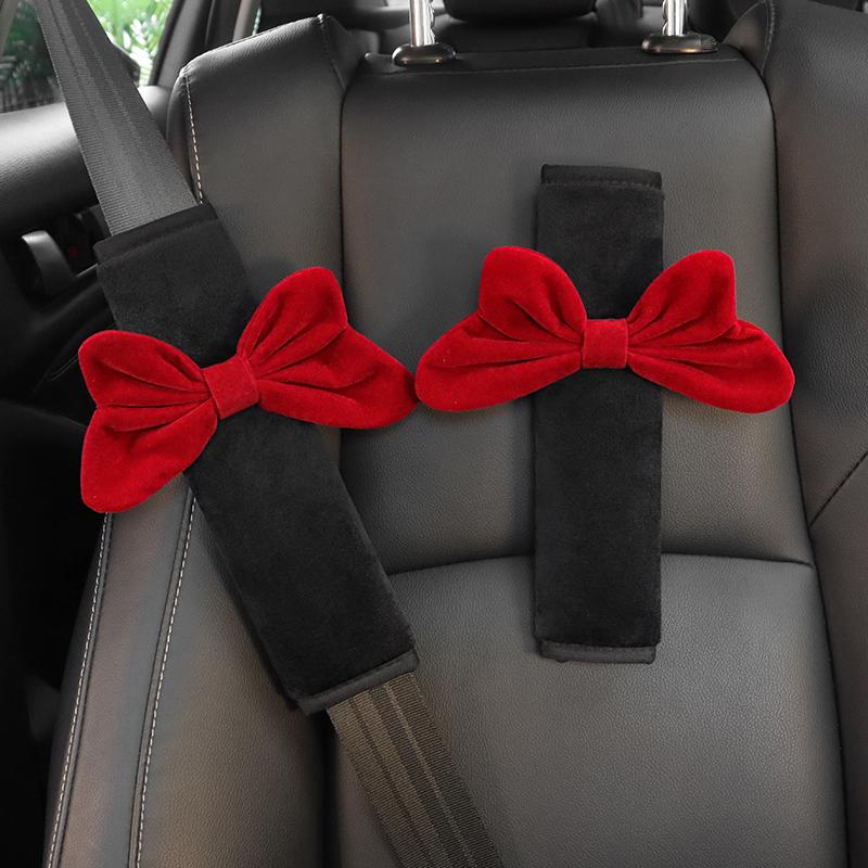 1pc Cute Cartoon Red Bowknot Car Neck Pillow Universal Auto Seat Headrest Support Seatbelt Cover Car Accessories for Women