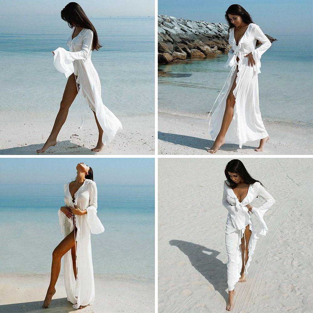 Long Sleeve Summer Beach Cover Up Ruffled Bikini Sunscreen Smock Fashion Beach Dress  for Women
