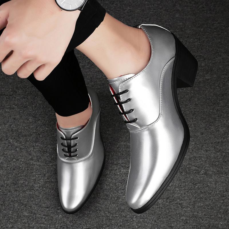 Men High Heels Silver Derby Wedding Dress Dance Business Gold Elevator Shoes Height Increase Tuxedo Prom Blazers Shoes Plus Size