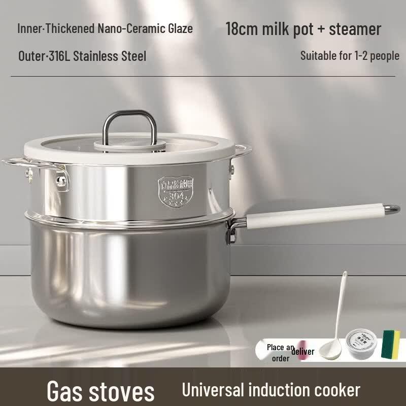 Ying Tang 18cm Ceramic & 316 Stainless Steel Milk Pot with Steamer