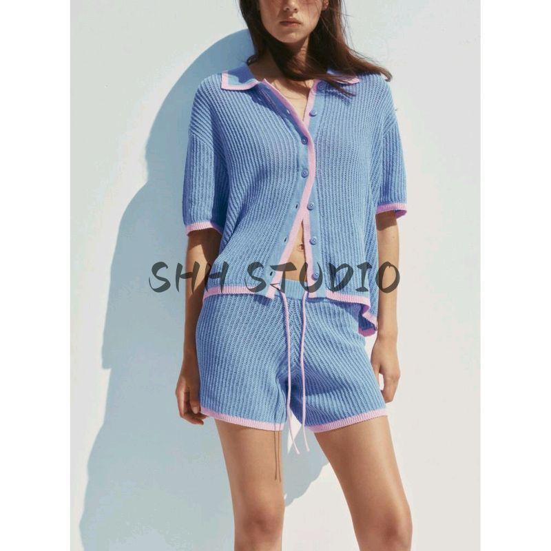 Polo Collar Knitting Outwear 3920260 3920284 Knitting High Waist Shorts 3920261 20285