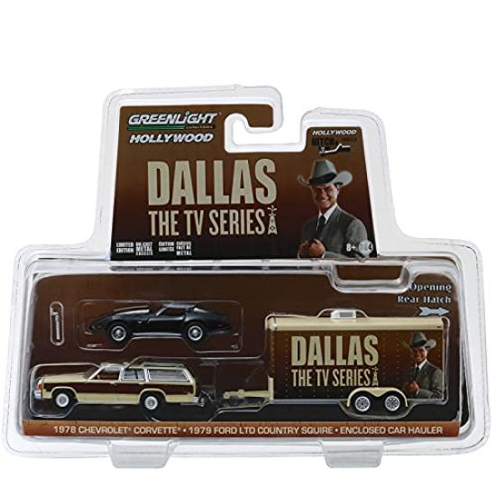 GREENLIGHT HOLLYWOOD SERIES 6 1978 CHEVROLET CORVETTE 1979 FORD LTD COUNTRY SQUIRE ENCLOSED CAR Greenlight Scale Hitch Tow Hollywood Series 6 1978