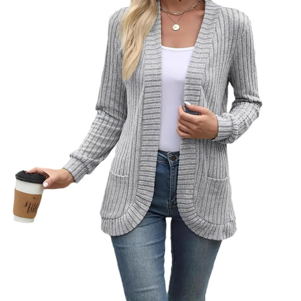 European & American Autumn/Winter Ribbed Brushed Long Sleeve Cardigan