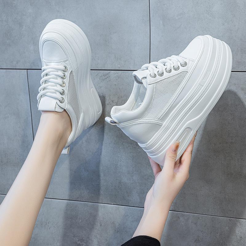 Platform muffin shoes women's spring new rhinestone lace-up small height-increasing sports shoes high-end casual shoes