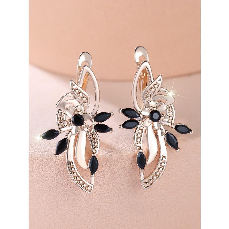 

1 Pair Black Zircon Flower Drop Earrings for Women Ethnic Gold Wedding Jewelry