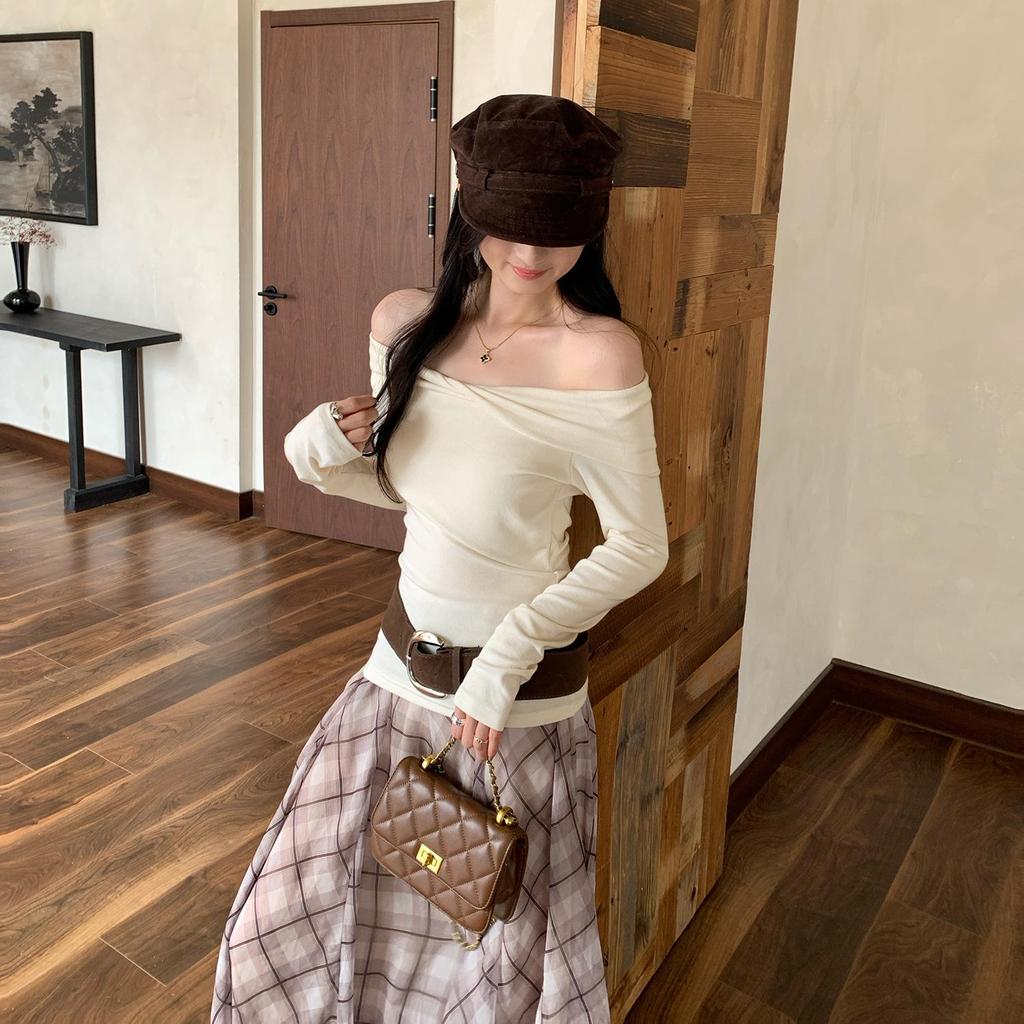 Korean Pure Desire Women's One-Shoulder Slimming Long-Sleeve Top - Autumn/Winter Fashion