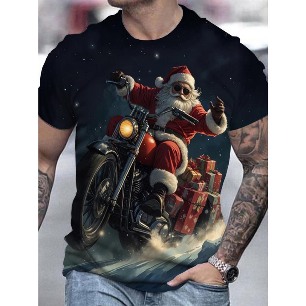 Weihnachtselement T-Shirt für Herren Lustiger Weihnachtsmann 3D-Druck Kurzarm T-Shirt Sommer Casual Rundhals Oversized Herrenbekleidung Top