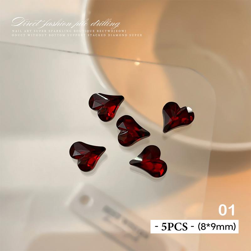 5 Pcs Red Nail Gems Pointed Bottom Rhinestones Multiple Shapes Nail Crystal Diamond Mixed Luxury Glass Rhinestones Charms Decor