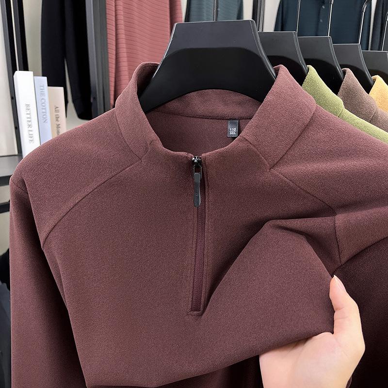 Men's Thick German Velvet Warm Half-Zip Stand Collar Sweatshirt - Solid Color Autumn/Winter