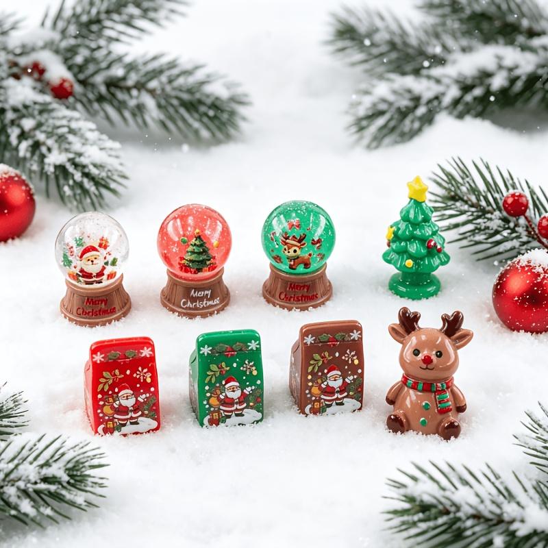 8Pc Christmas Mini Ornament Set: Crystal Balls, Gift Boxes, Tree & Elk. Perfect for Micro Scenes, Home, Car & Desk Decor.
