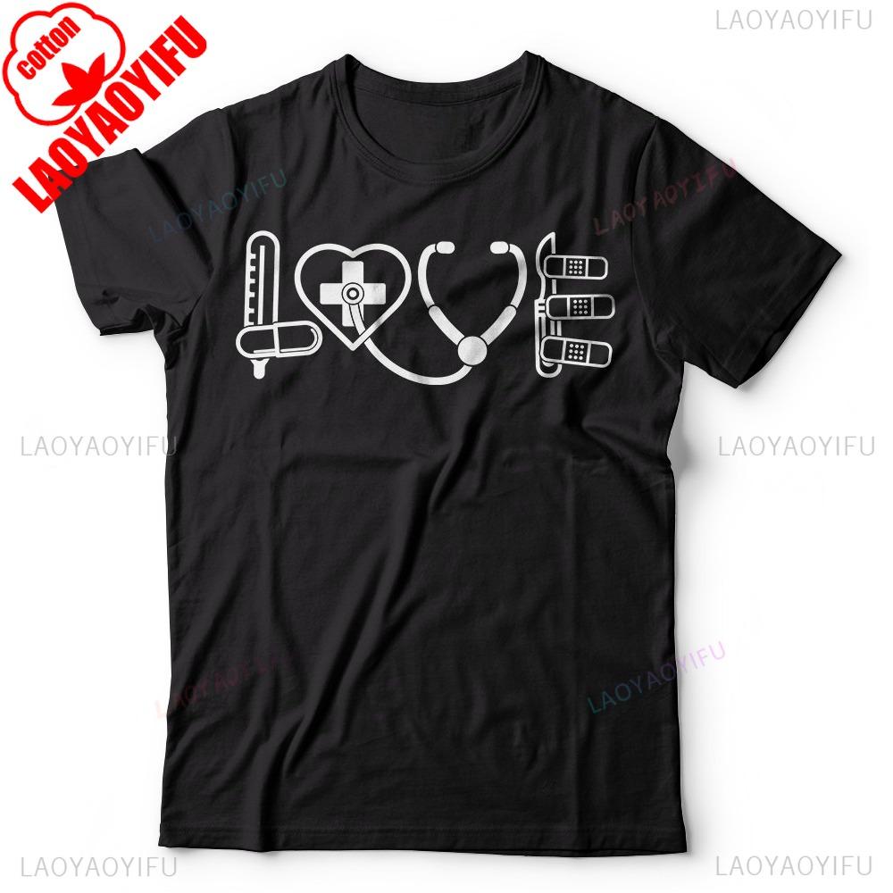 Nurse Doctor Medical LOVE Sign Student T-shirt Stethoscope Pattern Unisex T Shirt Men Women Fashion Crewneck Cotton Tee Tops