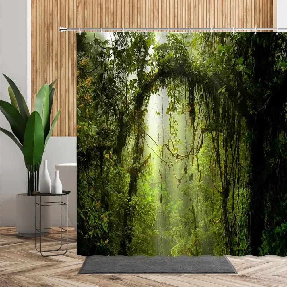 unframed Tropical Forest Shower Curtain, Nature Scenery Green Tundra Forest Waterfall River Animal Bridge, Bathroom Decorative
