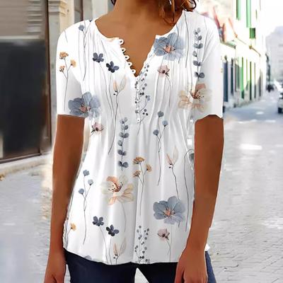 Summer New Fashionable Printed Casual Short Sleeved Pleated Breasted T-shirt