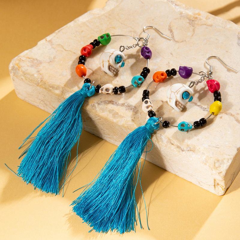 Europen And American Exaggerated Retro Long Tassel Skeleton Skull Earrings For Women Gothic Punk Halloween Jewelry Party Gifts