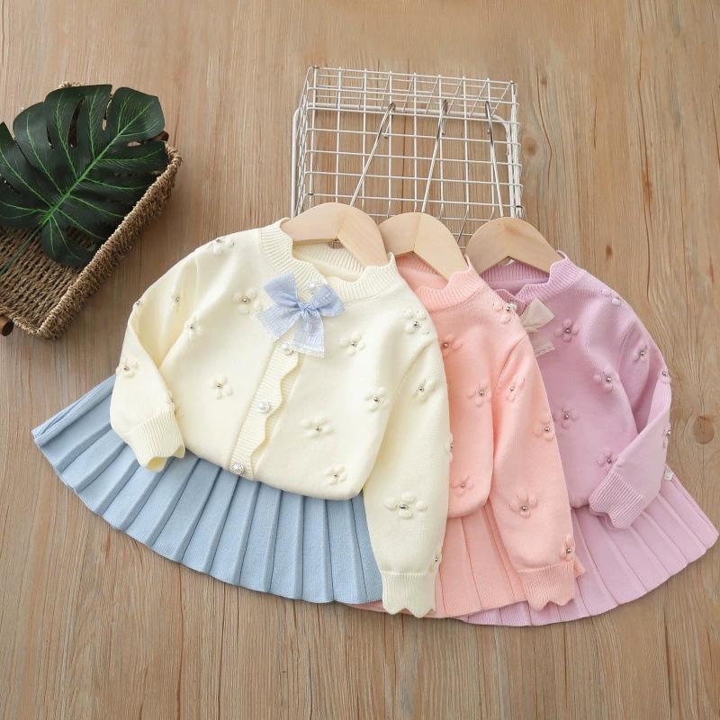 Autumn Kids Sweater Set Cute Flower Bow Girls Knitted Cardigan +Short Skirt Children Outfit 2PCS