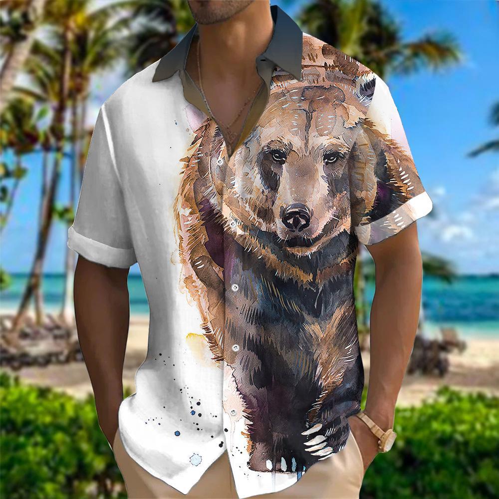 Sommer Revers 3D Gedrucktes Tiermuster Top Modische Kurzarm Herren Freizeithemden S gray
