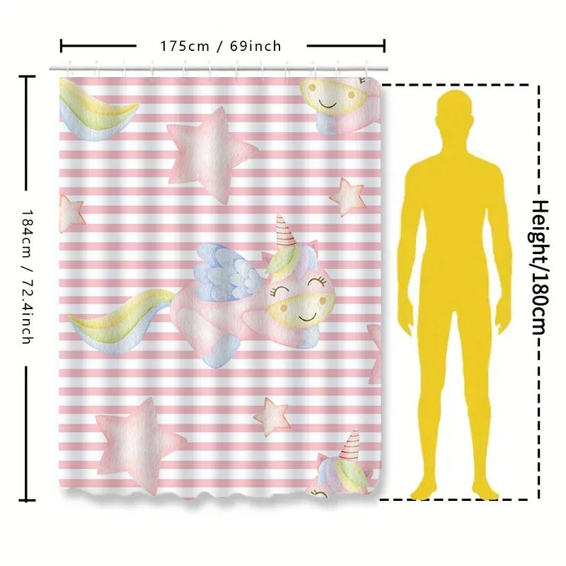 Charming Unicorn Shower Curtain Pink Striped Cartoon Bathroom Decor for Kids Adults Waterproof Polyester Fabric Available in V