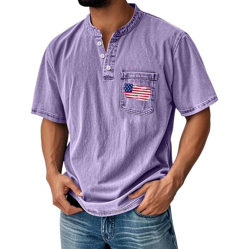 Men's Summer Independence Day Pattern Round Neck Short Sleeve T-Shirt Neck Men's All-match Casual Button Shirt