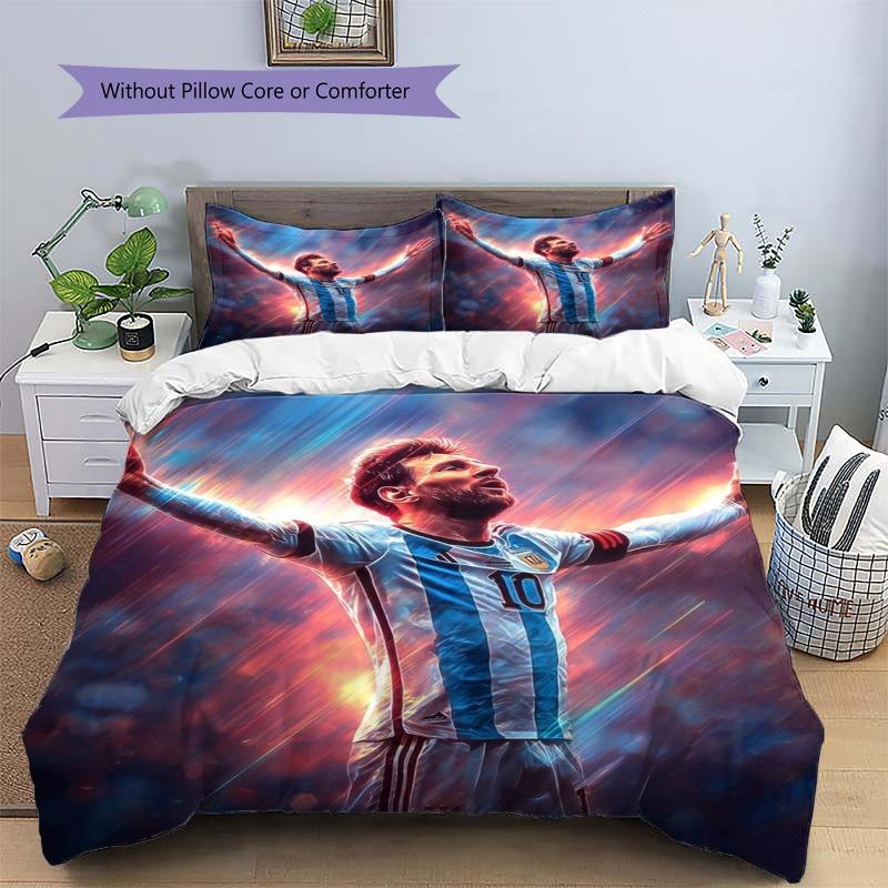 Lionel Messi 3pcs Duvet Cover Set, Argentina Football Star Print Bedding Set, Soft Microfiber Bed Cover with 2 Pillowcases Soccer Fan Home Decor