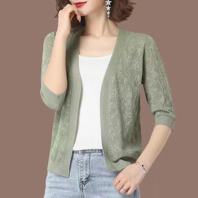 Women's Summer Hollow Out Plus Size Short Knitted Cardigan Design Elegant Loose Medium Sleeve Thin Jacket
