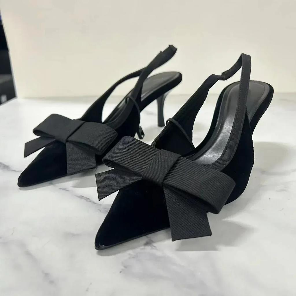 Fashion Black Velvet Butterfly-knot Designer Heeled Sandals Women Sexy Pointed Toe Slingbacks Women Pumps Elegant Party Dress High Heels