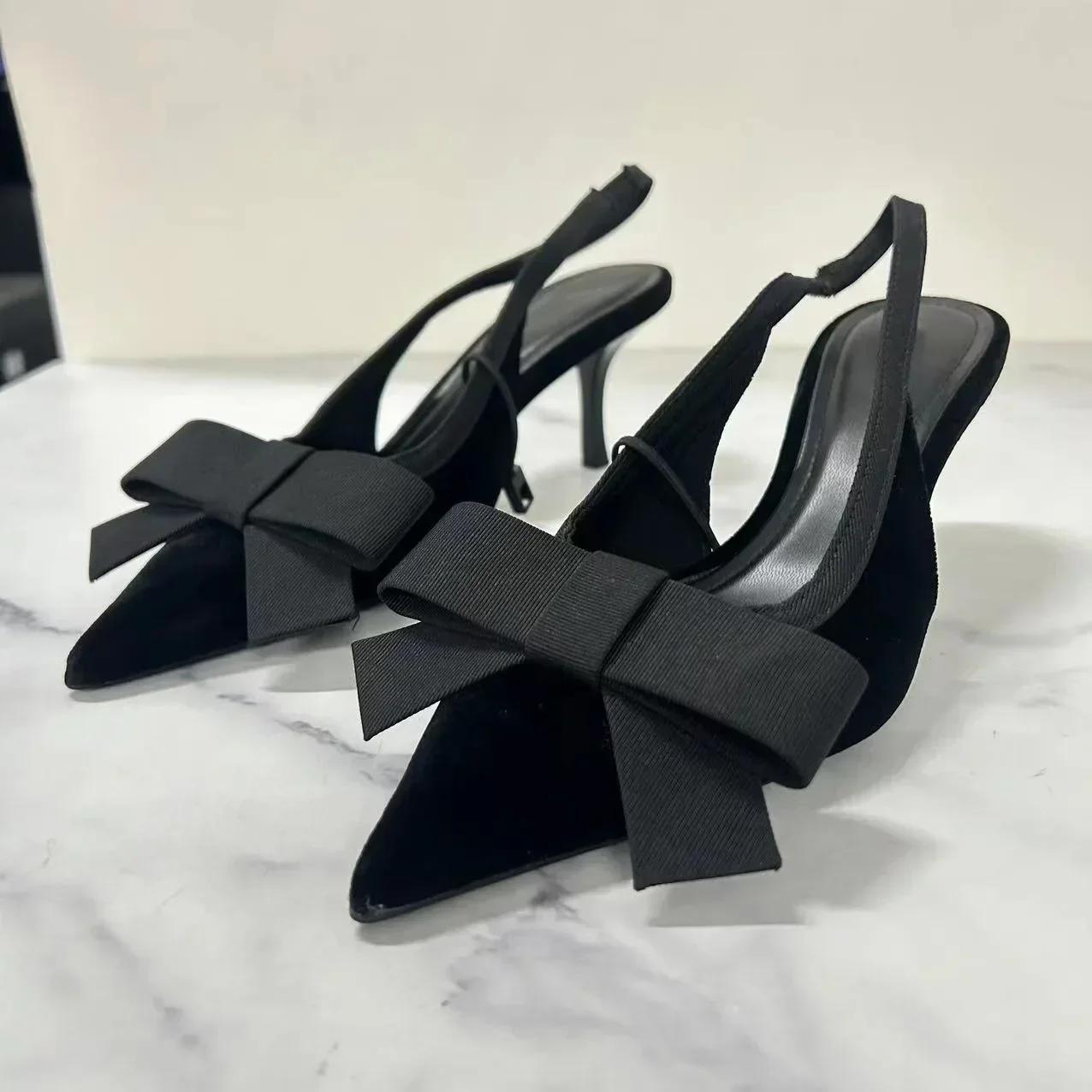 

Fashion Black Velvet Butterfly-knot Designer Heeled Sandals Women Sexy Pointed Toe Slingbacks Women Pumps Elegant Party Dress High Heels 42 чёрный
