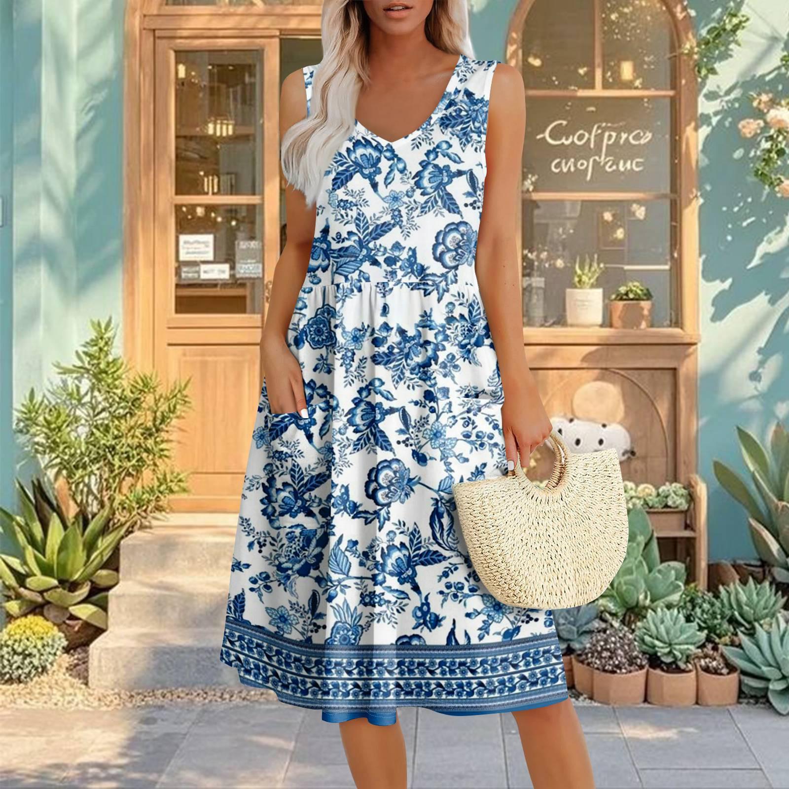 

Summer Casual Midi Dresses For Women Vocation Elastic Waist Sleeveless Knee Length Sundress With Pockets Loose Fit XXL красный