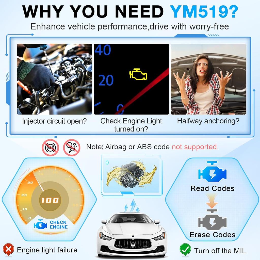 OBD2 Scanner with Battery Tester - Diagnostic Tool for Cars, Check Engine Light & Emissions Readiness, Real-Time Date, Plug & Play