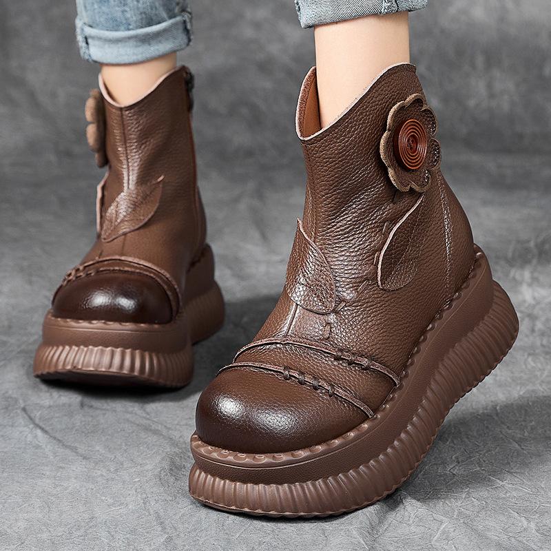 Fashion 2025 New Handmade Mid-calf Boots Platform Women Genuine Leather Short Boots Height Increasing Thick Sole Floral Ladies Shoes
