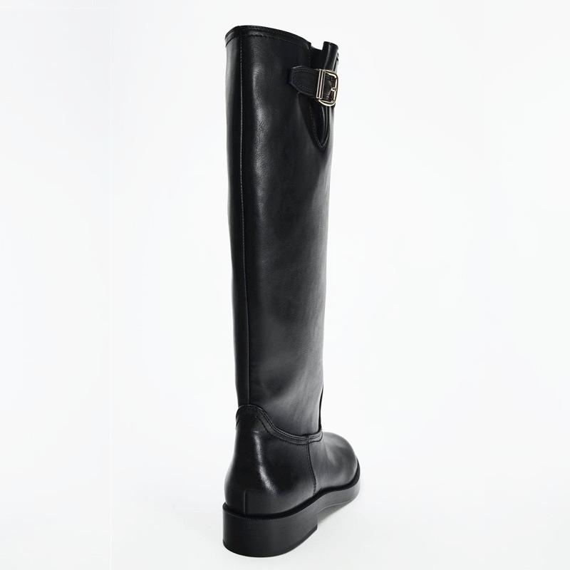 Women's Black Leather Knee High Boots Buckle Detail Block Heel Classic Riding Style Stylish Perfect for Autumn/Winter