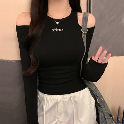 Harajuku Pure Cotton Women T-shirts 2025 Spring Autumn Sexy Off Shoulder Long Sleeve Casual Letter Slim T Shirt Ladies Y2k Tops