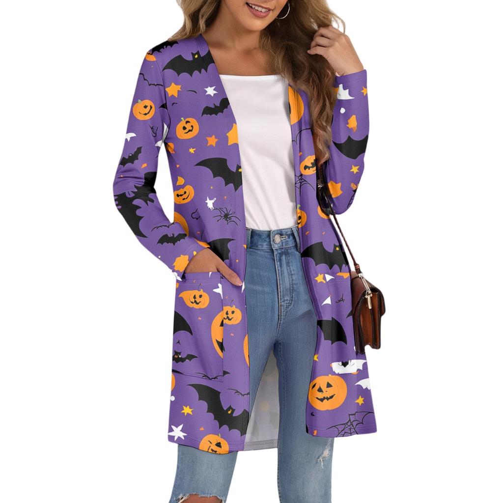 Cardigan da Donna Casual Comodo con Stampa di Halloween di Media Lunghezza con Tasche Giacca