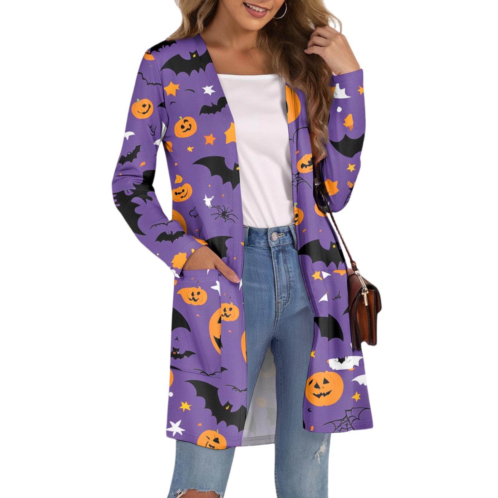 

Женский модный повседневный удобный кардиган средней длины с принтом на Хэллоуин и карманами S
